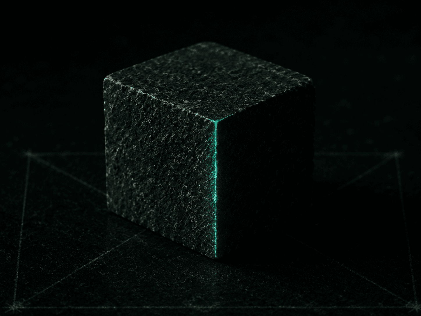 Piedra tallada con una arista iluminada en menta, sobre líneas de construcción ad quadratum trazadas en el suelo