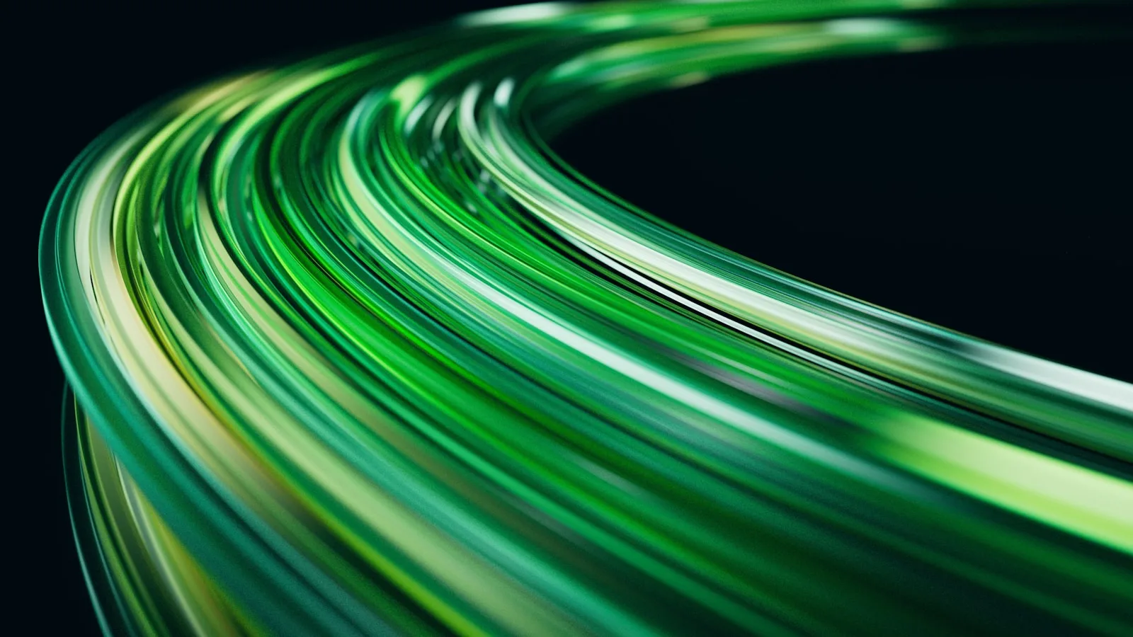 Haces de líneas verdes fluyendo y curvándose sobre un fondo negro, evocando flujos de datos en red