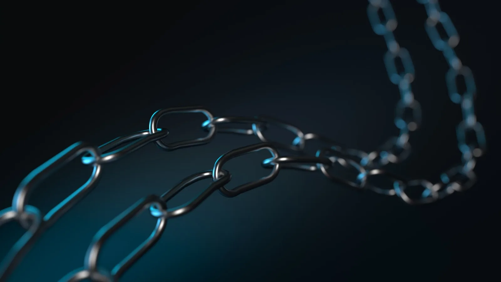 Renderizado 3D de una cadena metálica con reflejos azules sobre un fondo oscuro, evocando una cadena de bloques