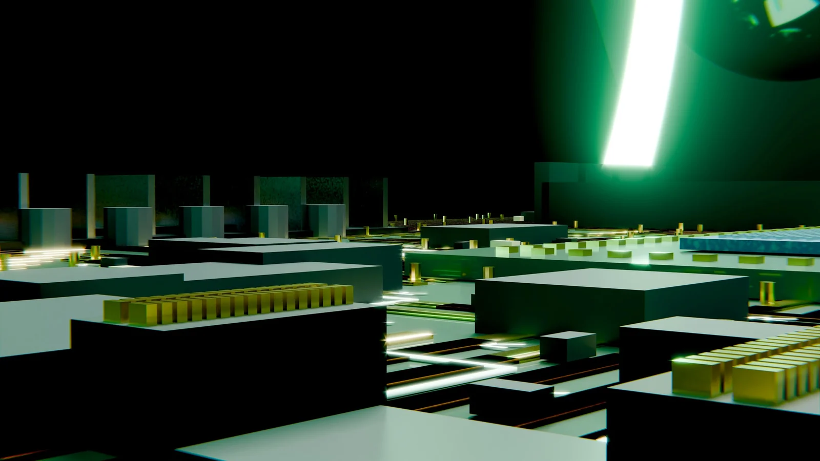 Paisaje abstracto de circuitos geométricos negros y verdes, iluminado por una banda de luz.