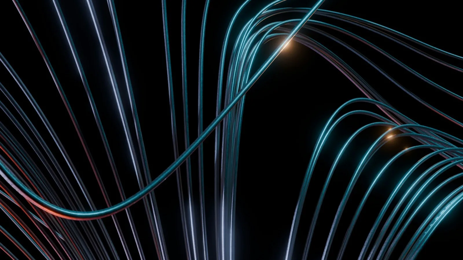 Render abstracto de cables luminosos en tonos turquesa y ámbar convergiendo sobre fondo negro
