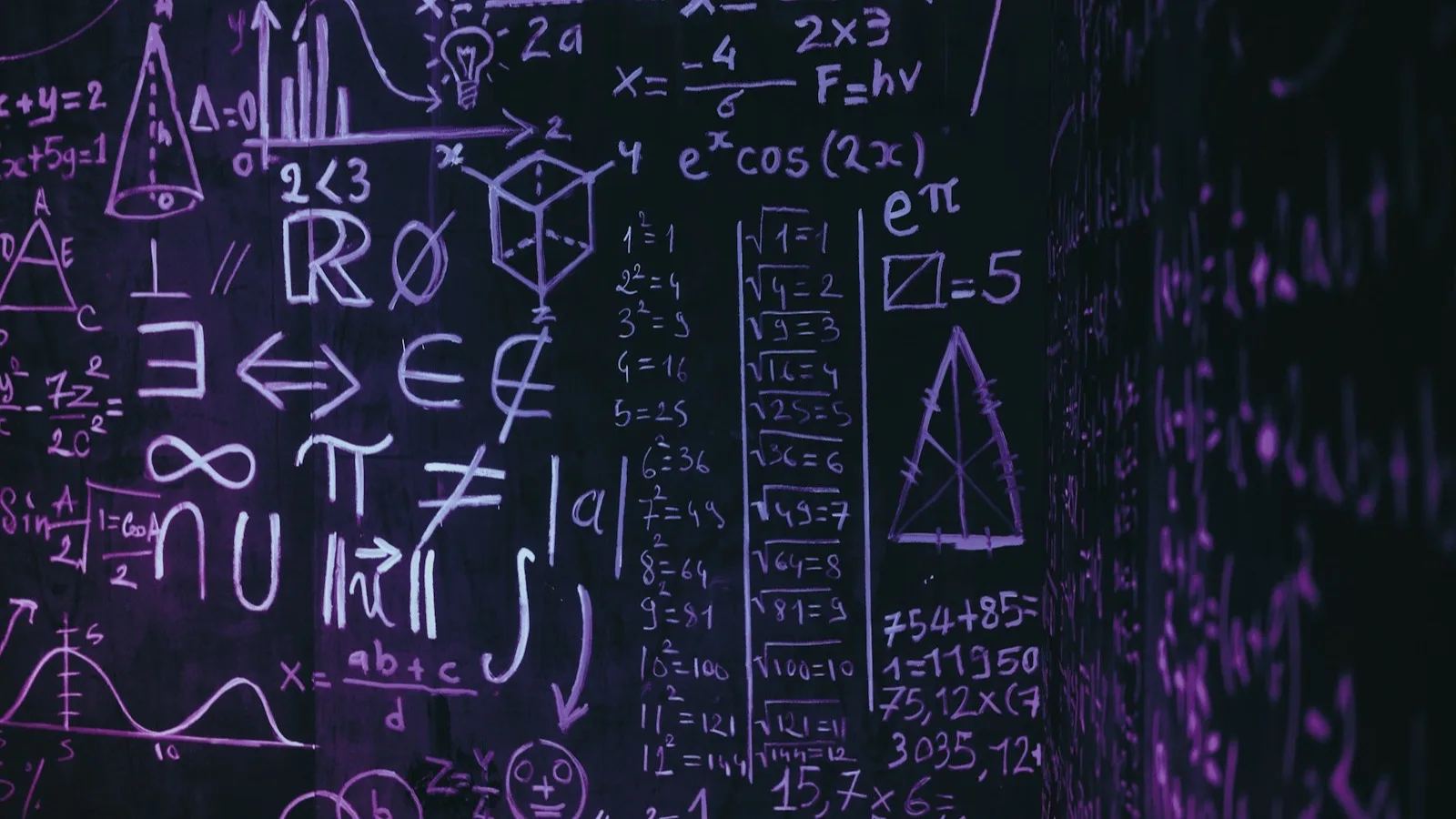 Pizarra oscura cubierta de fórmulas y símbolos matemáticos escritos a mano con tiza violeta